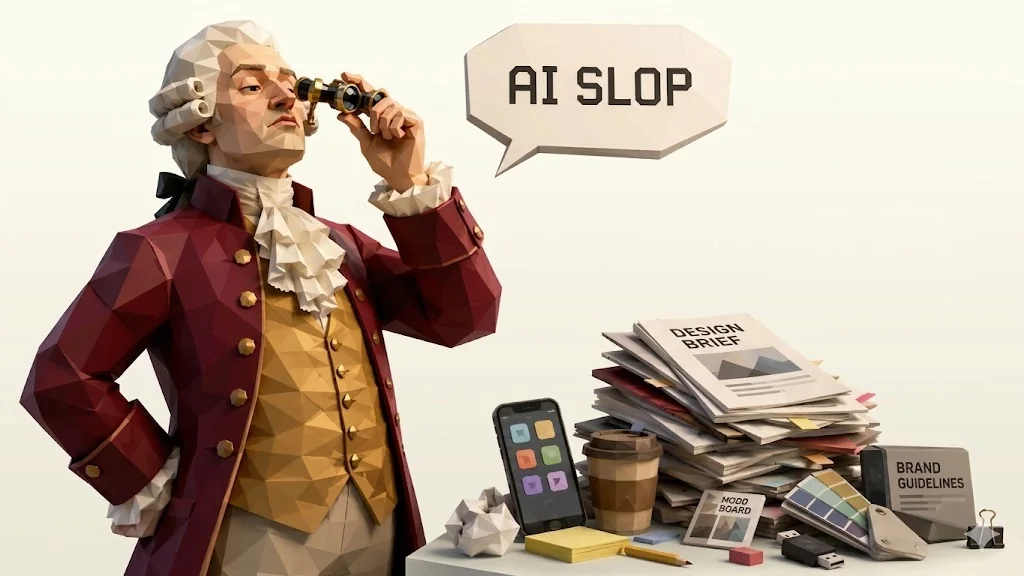Low-poly aristocrat inspecting design work with opera glasses beside an AI SLOP speech bubble