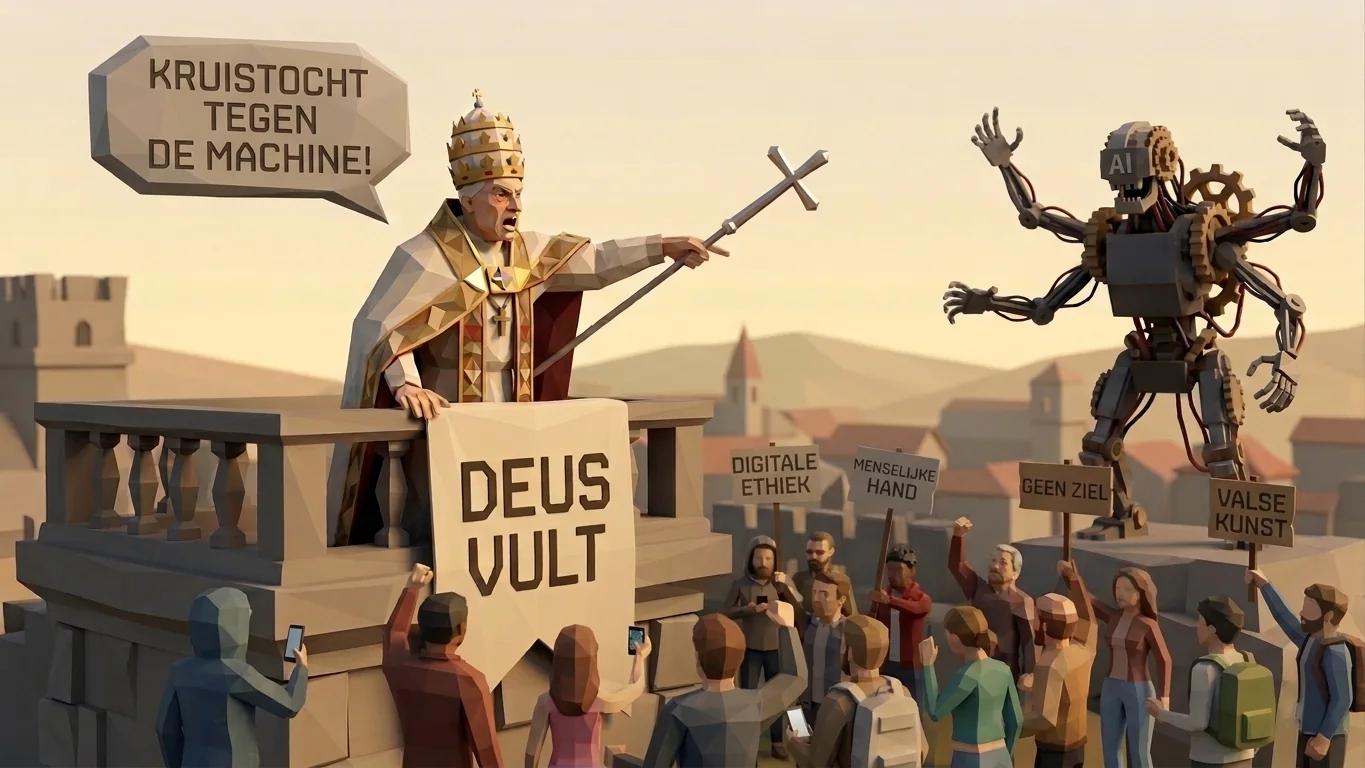 Low-poly knight raising a sword against a towering machine, in the style of a medieval crusade