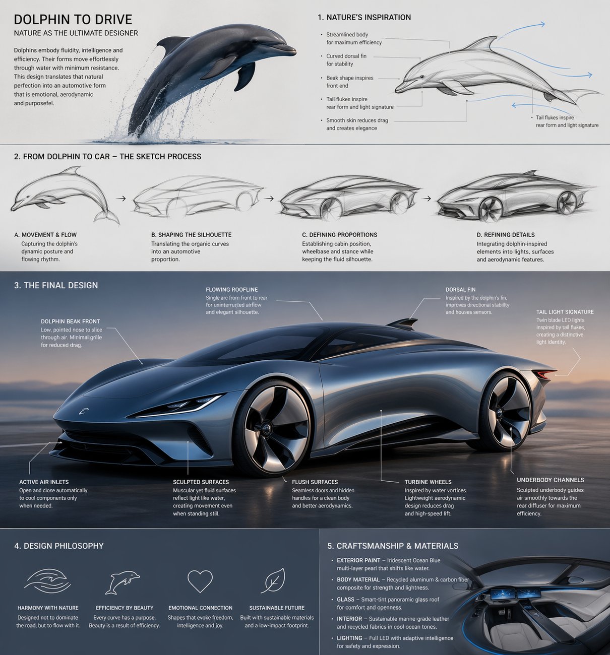 Door dolfijnen geïnspireerd autoconcept met schetsproces en designanalyse