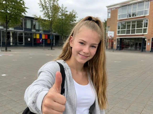 Foto: een leerling steekt buiten school lachend een duim op na een gehaalde toets.